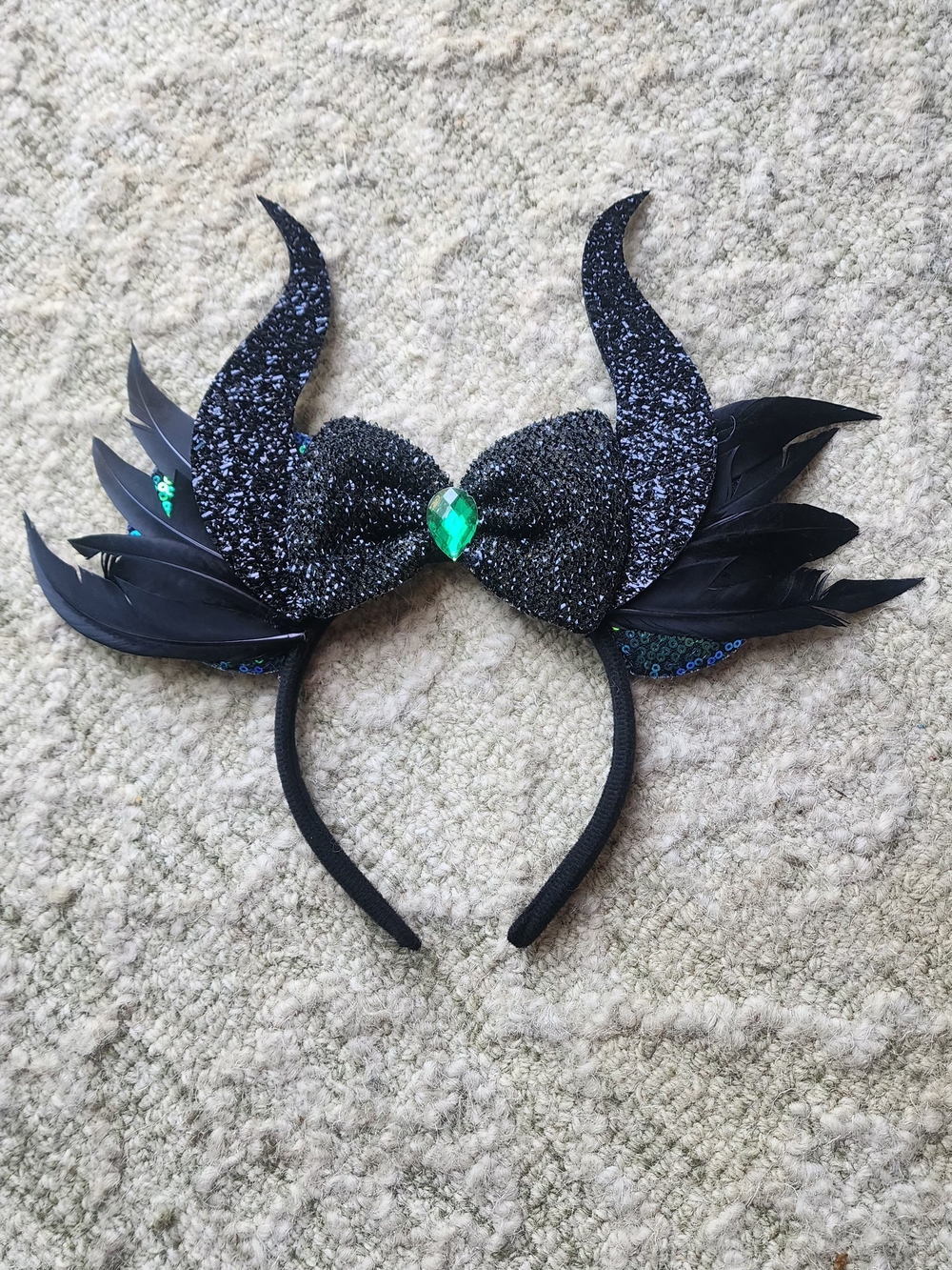 Black Glitter Horned Headband with Green Gem